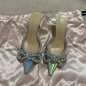 MACH & MACH silver iridescent pointed toe kitten mules